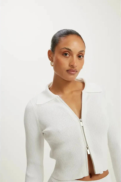 AMELIA RIBBED 2-WAY ZIP CARDI - "IVORY"