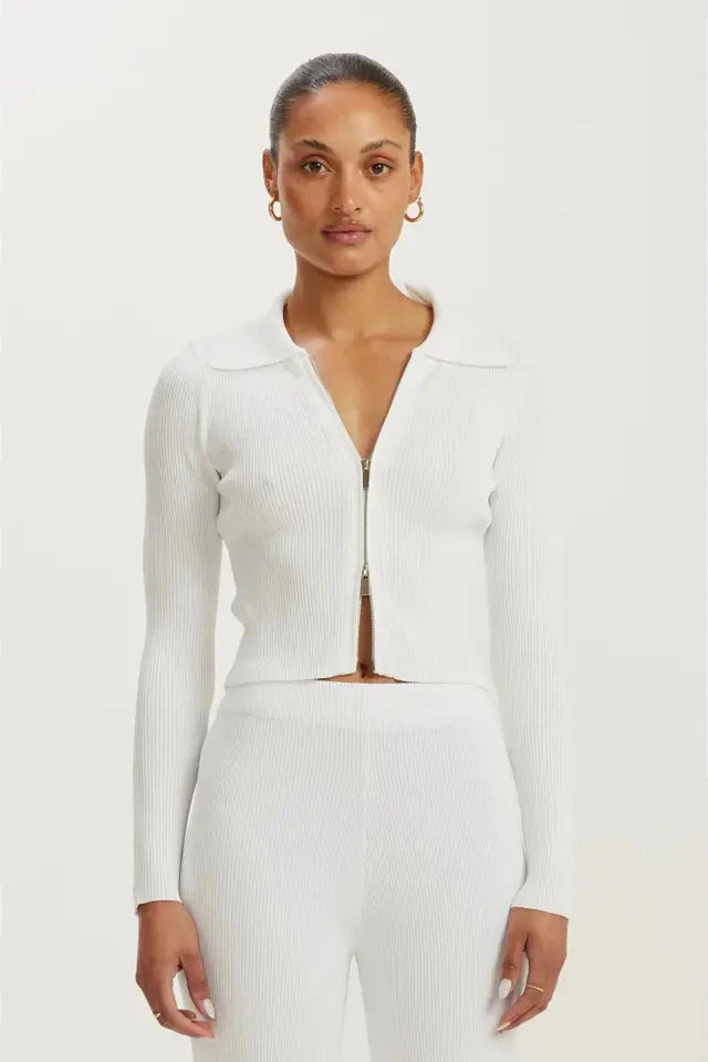 AMELIA RIBBED 2-WAY ZIP CARDI - "IVORY"