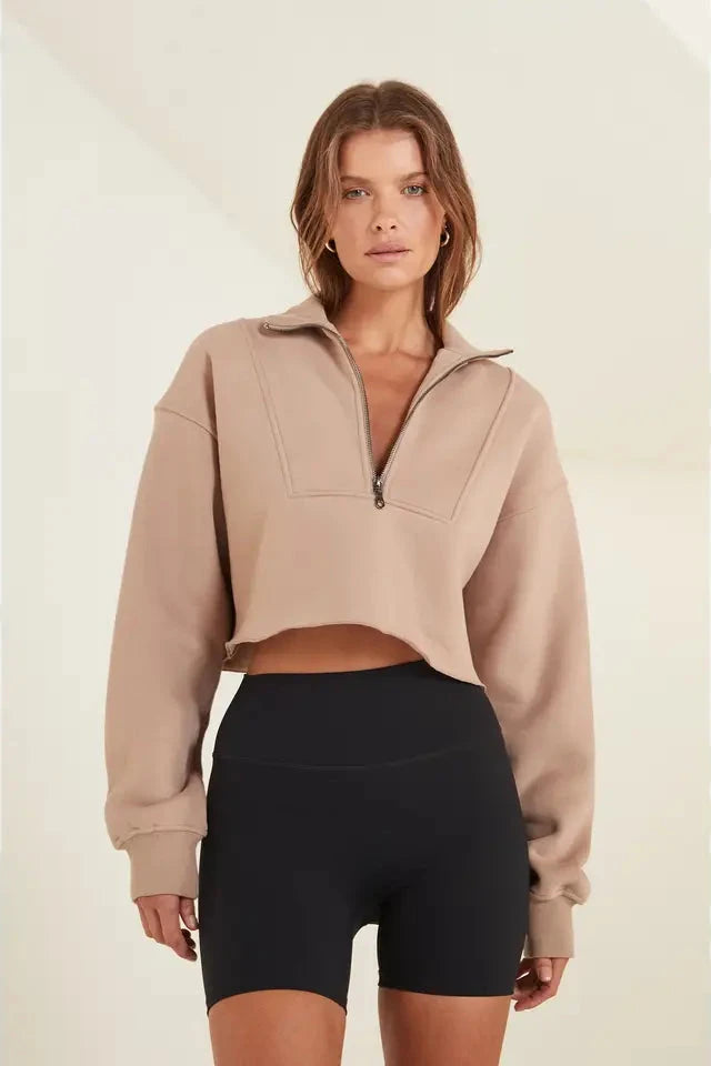 ARLO CROP HALF-ZIP SWEATER - "HAZELNUT"