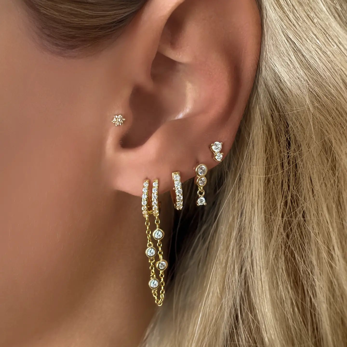 DOUBLE DANGLE CHAIN HUGGIE EARRINGS